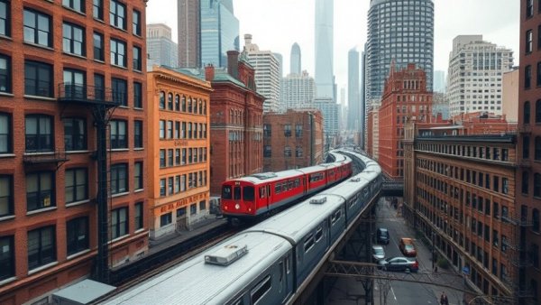 Chicago urban scene with train and historic buildings in real estate market.