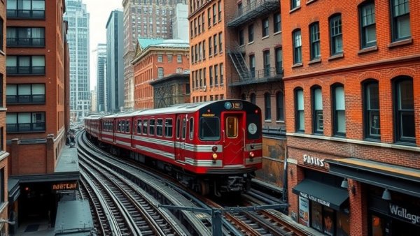 Chicago 'L' train with historic buildings, city life panorama.