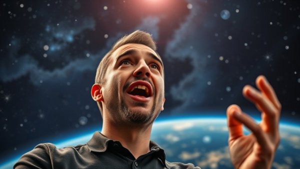 Animated man speaking against a cosmic backdrop, Financial Discovery theme.