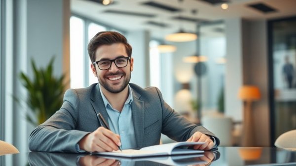 Man signing documents in modern office, real estate investing risks.