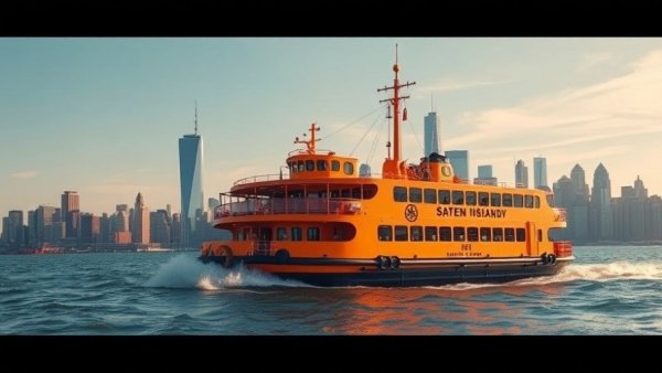 Staten Island Ferry moving across New York Harbor with NYC skyline.