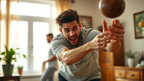 Young man bowling indoors, dynamic home setting, luxury real estate trends.