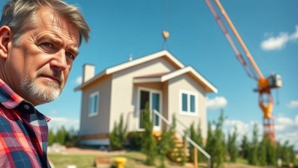 Discussing land-home packages, modular home installation in the background.