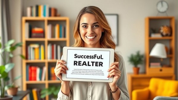 Cheerful realtor showcasing social media success tips in cozy office.