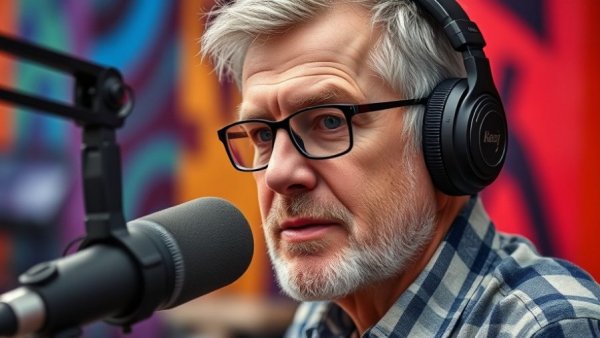 Middle-aged man recording podcast on divorce impacts on rental properties.