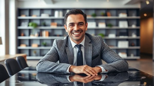 Confident businessman in checkered suit for succession planning for homebuilders.