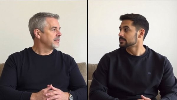 Two men discussing proactive planning in a minimalist space.