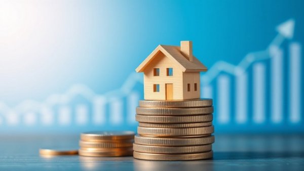 Housing market predictions 2026 growth graph with coins and houses.