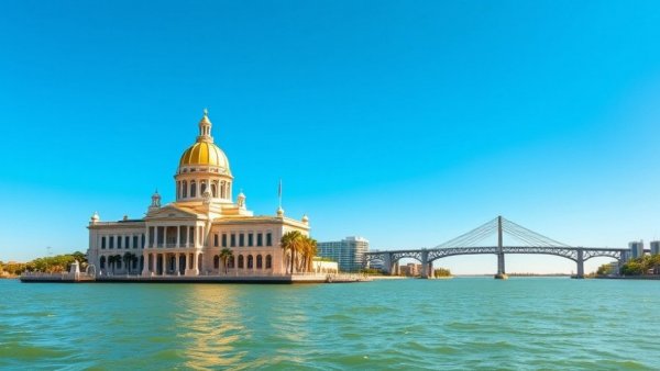 Waterfront building in Sarasota with a golden dome under blue sky.