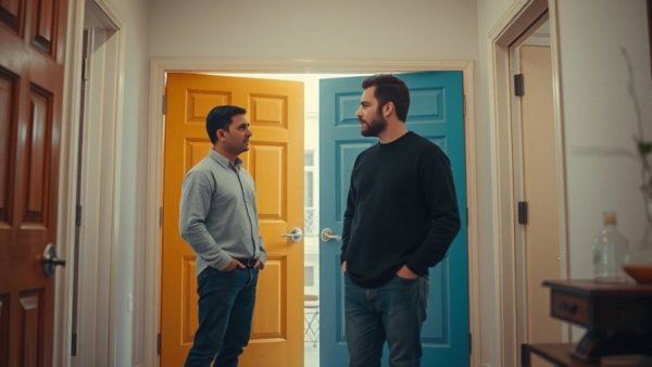 Casual indoor scene with two men discussing near colorful doors, home interior.