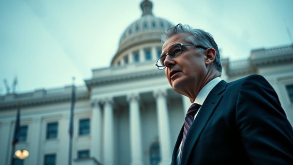 Federal Reserve official speaking, Fed holds rates steady, blue background.