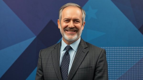 Professional man discussing real estate market challenges with abstract background.