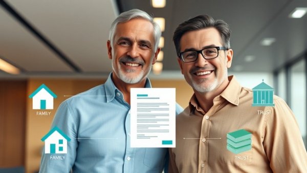 Living trust benefits infographic with icons and two men.