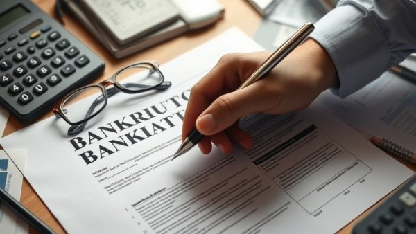 Bankruptcy petition document with calculator and glasses, depicting ethical approach.
