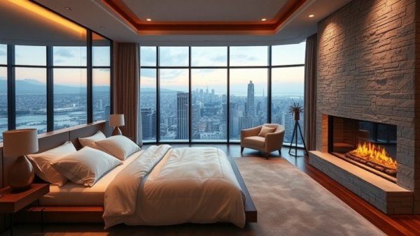 Modern luxury bedroom with city view embracing real estate trends.