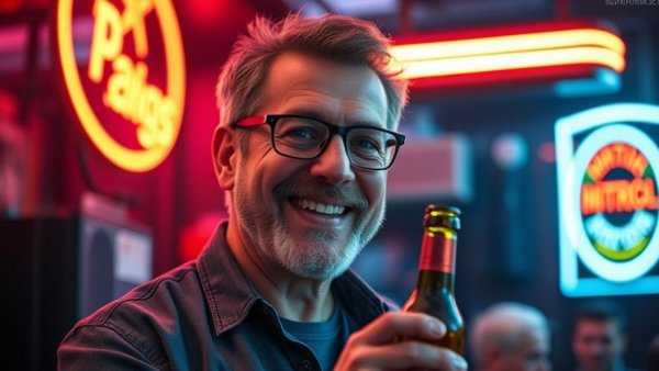 Man holding bottle in neon-lit studio, Let Go of the Noise