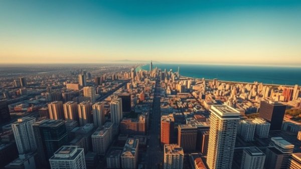 Aerial view of Cook County buildings along a coastline.