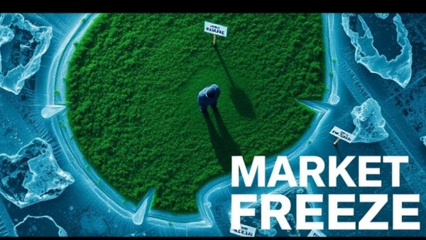 Land investing strategies 2026 concept with icy terrain and for sale signs.