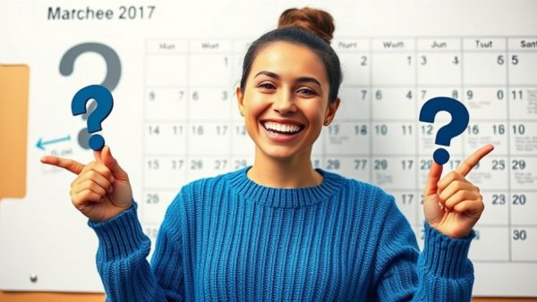 Cheerful woman pointing at question marks on a bright background for Mid-Year Social Media Checkup for Realtors.