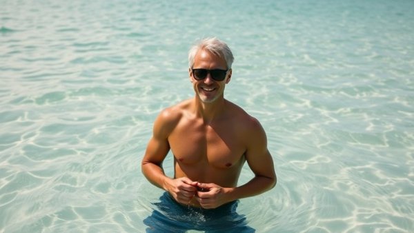 Smiling man in ocean during company trip.