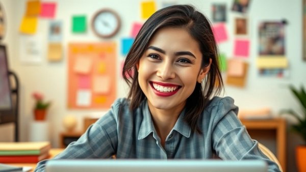 Woman in vibrant office on video call for co-working session