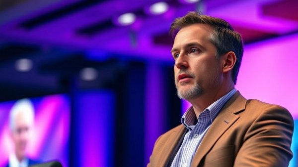 Professional speaker discusses at a business conference, vibrant backdrop.