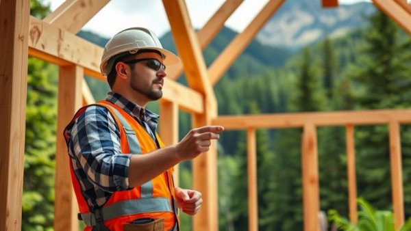 Construction worker inspecting a new home framing outdoors