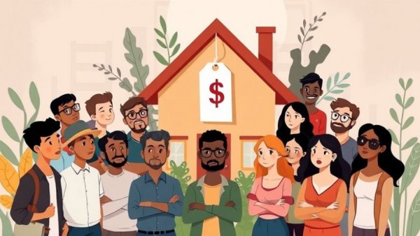 Illustration: Concern over VA loan fee hikes shown by people around a house with price tag.