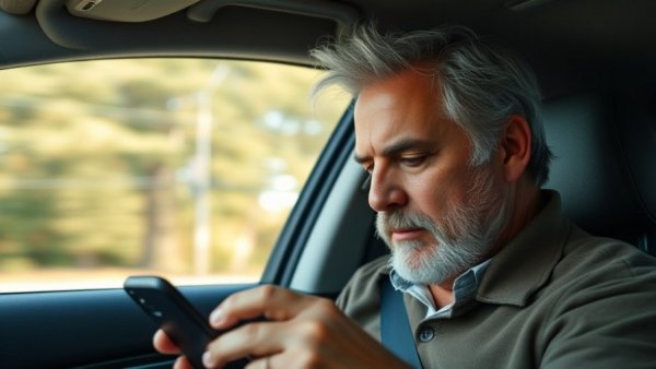 Businessman keeping emotions out while working in a car.