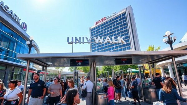 Universal CityWalk Security Checkpoint with people and metal detectors under clear skies.