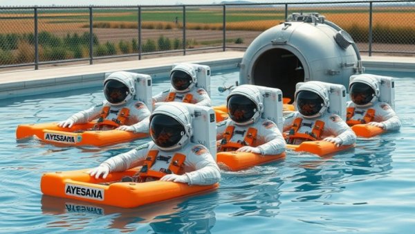 Astronauts training in a pool with space capsule during America space race.