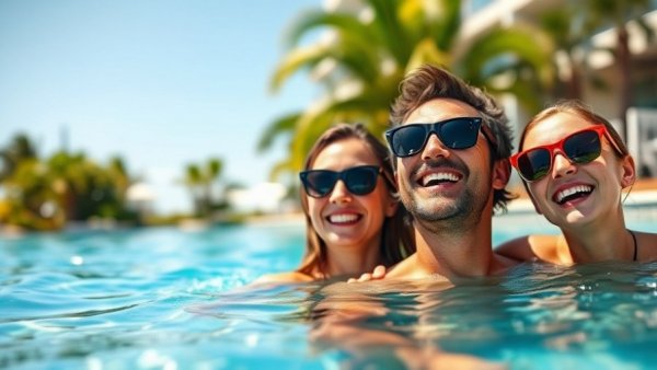 Family enjoying Resort Pass hotel pool access under bright sun.