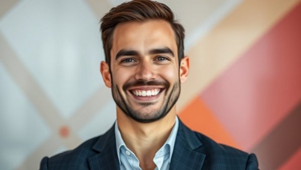 Confident man smiling in front of geometric background, business growth focus