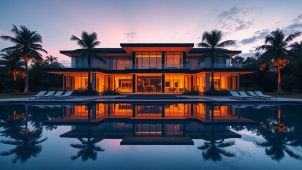Luxury mansion with pool and palm trees at dusk, featuring one of the most beautiful homes in the world.