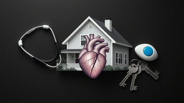 Caregiver burnout Gen Z collage with stethoscope, house, medical alert.