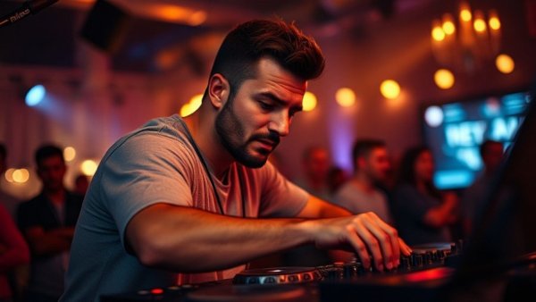 DJ at Walgее Orlando Boiler event, mixing music.