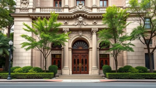 Bank of Mexico facade with greenery, highlighting architectural elegance.
