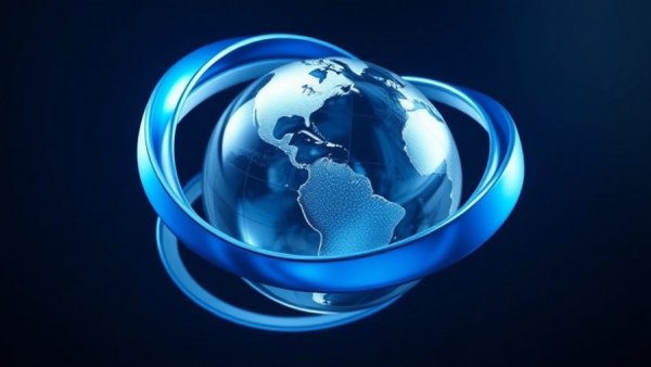 3D globe logo with blue and white ribbons, Chandrikapersad Santokhi