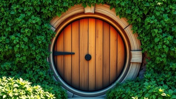 Rustic wooden circular door in lush greenery wall