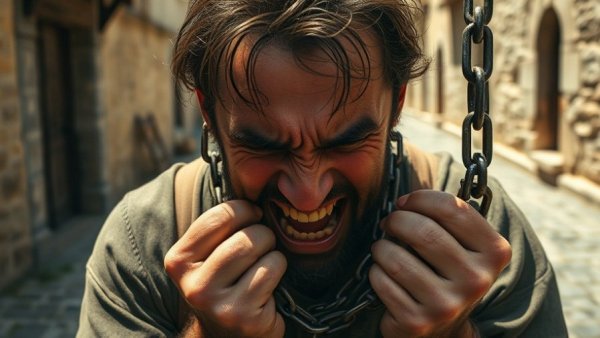 Man in anguish holding chains, vivid historical setting.