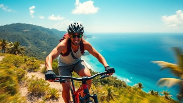 Mountain biker at Tobago Bike Festival with ocean view