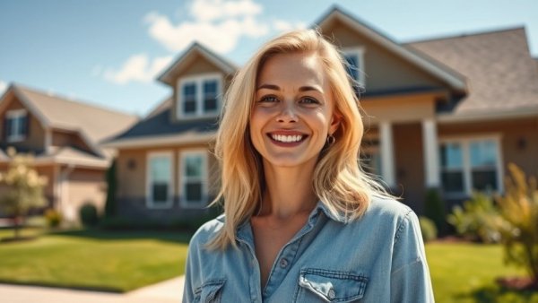 Single mom builds rental portfolio, suburban home and text overlay.