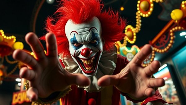Creepy clown at Halloween Horror Nights 2026, vivid and colorful.