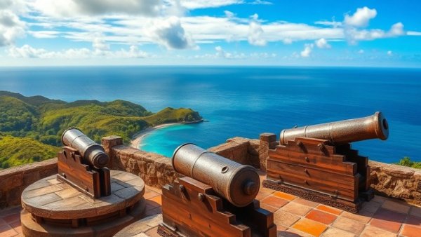 Fort Hamilton Bequia historic cannons overlooking the Caribbean Sea.