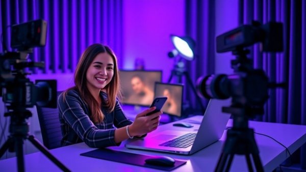 Content creation hacks setup with laptop and recording gear.