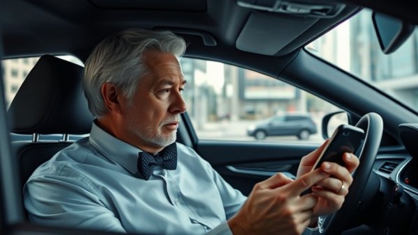 Elderly man's morning routine in car with tech-focused ambiance
