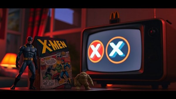 X-Men meal promotion with retro TV and action figures.