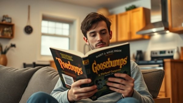 Person reading Goosebumps book in cozy kitchen, evoking childhood snacks and family memories.