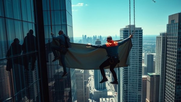 Empire State Building climbing stunt with adventurers and banner.