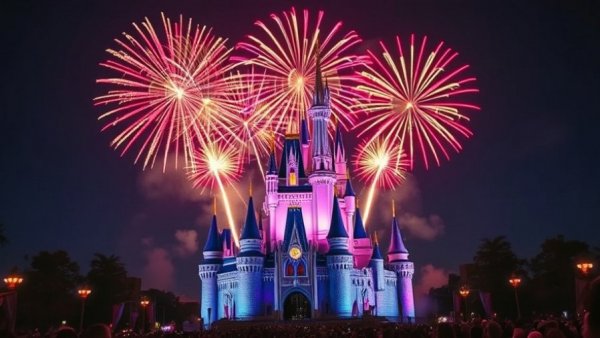 Fireworks over a castle for America's 250th anniversary celebration.
